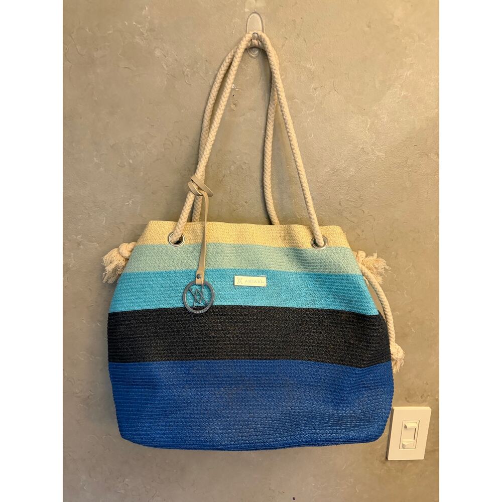 NEW Amiani Beach Tote Bag Striped Blue Gradient Jute Rope Handles Summer Purse - Picture 12 of 16
